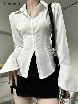 Duomofu бял шифон риза жени секси завой надолу врата пристъп ръкав блуза женски нова мода елегантен реколта превръзка тънък риза