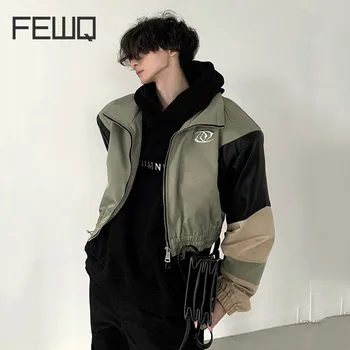 FEWQ Мъжко яке есенна ниша пачуърк PU кожа дизайн контрастен цвят 2023 дълъг ръкав цип мъжко палто улично облекло 24X1788