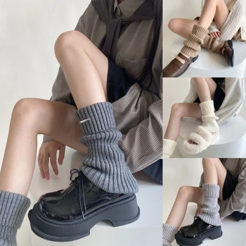 Leg Cover дълги чорапи жени японски Harajuku Y2K метален етикет оребрени крака топло M6CD