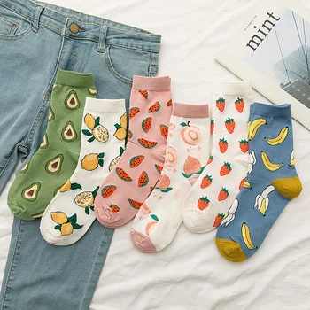 Гореща продажба Цветни дамски памучни чорапи за екипажа Смешни бананови прасковени плодове от диня Модел Творчески дами Новост чорап за подаръци