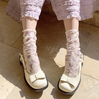 Мода цвете дантела чорапи жени Лолита дълги чорапи женски летни тънки дантелени чорапи жена рокля калцетини медии