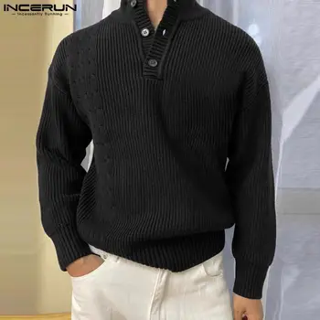 Мъжки пуловери Плътен цвят Поло плетени дълъг ръкав улично облекло пуловери 2023 корейски стил случайни мъжки дрехи S-5XL INCERUN
