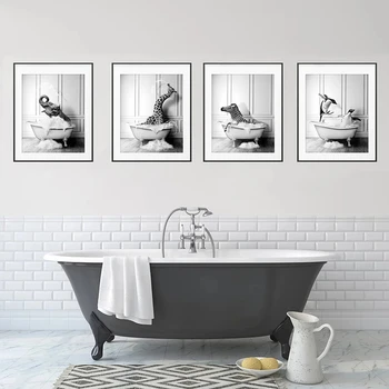 Ретро Черно и бяло животински стена изкуство платно плакат вана изкуство печат слон зебра пингвин скандинавски стенопис баня декор картина