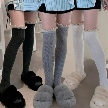 Секси медии дантела нагоре дълги чорапи коляното жени над коляното бедрото високи чорапи мода дами момичета топло секси смес чорапогащи черно бяло