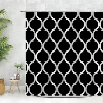 черен Мароко Геометрия душ завеса проста графика Начало Баня Декоративна полиестерна тъкан Завеса за баня Пере с куки